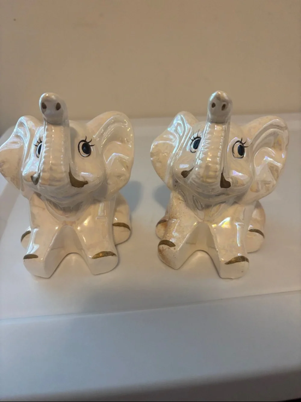 Pearlescent Ceramic Elephant Figurine Pair with Gold Accents - Picture 2 of 4